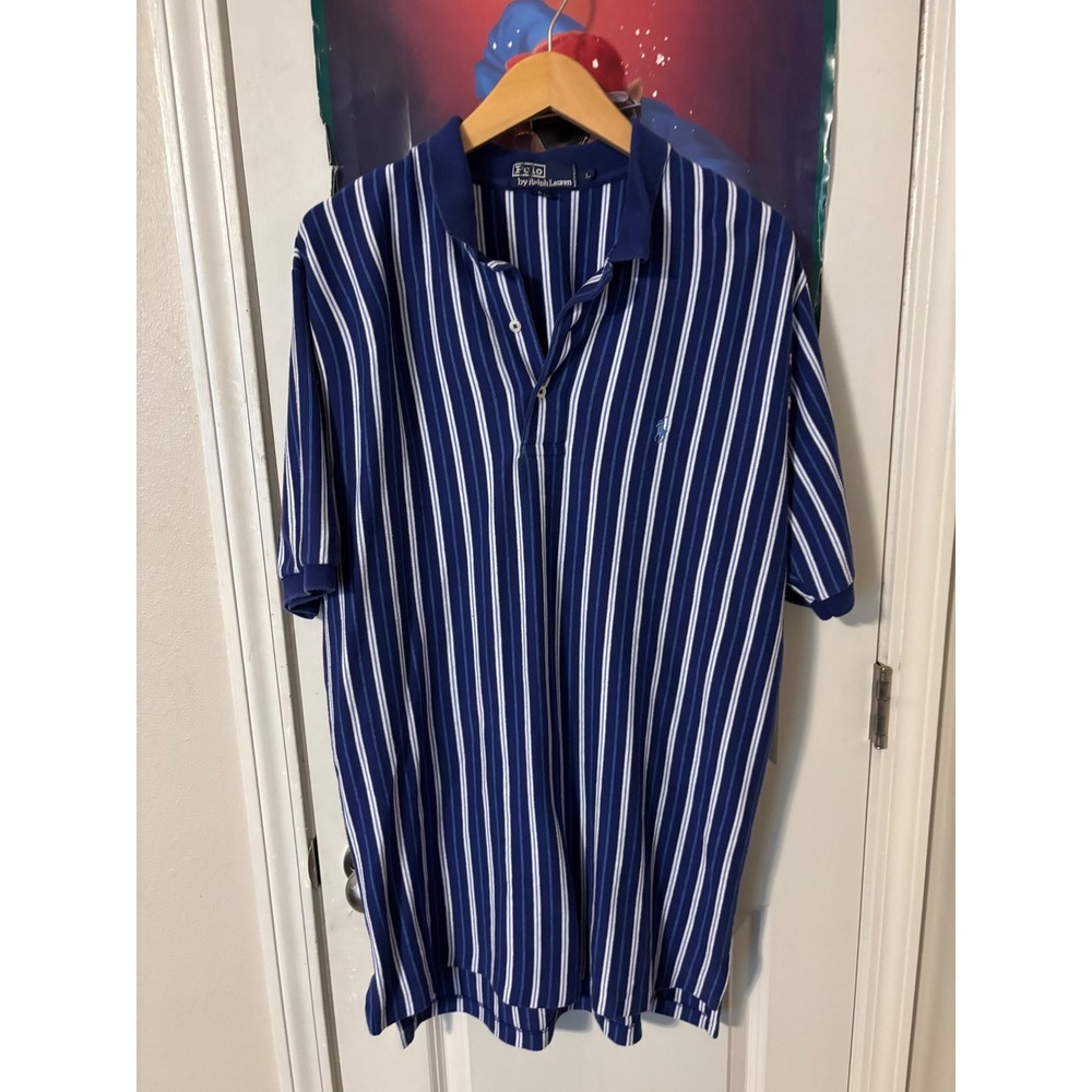 Polo Ralph Lauren Mens Blue White Vertical Stripe Short Sleeve Polo Shirt L 90s